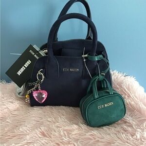 NWT Steve Madden Navy Women Faux Suede Satchel Bag Charms and Green Coin Purse